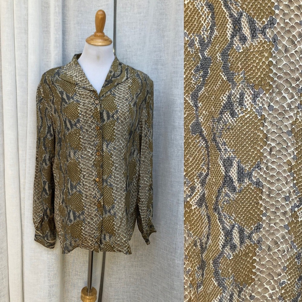 Anna and Frank silk long sleeve  blousesnake python print gray and moth green
